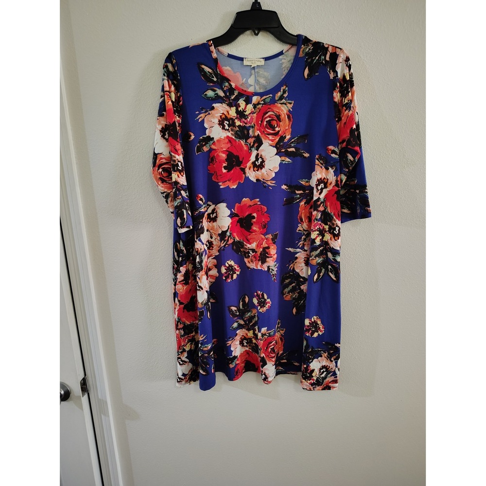 Sweet Lovely by Jen  Blue Floral 3/4 Sleeve T-Shirt Dress Medium Rose Print
